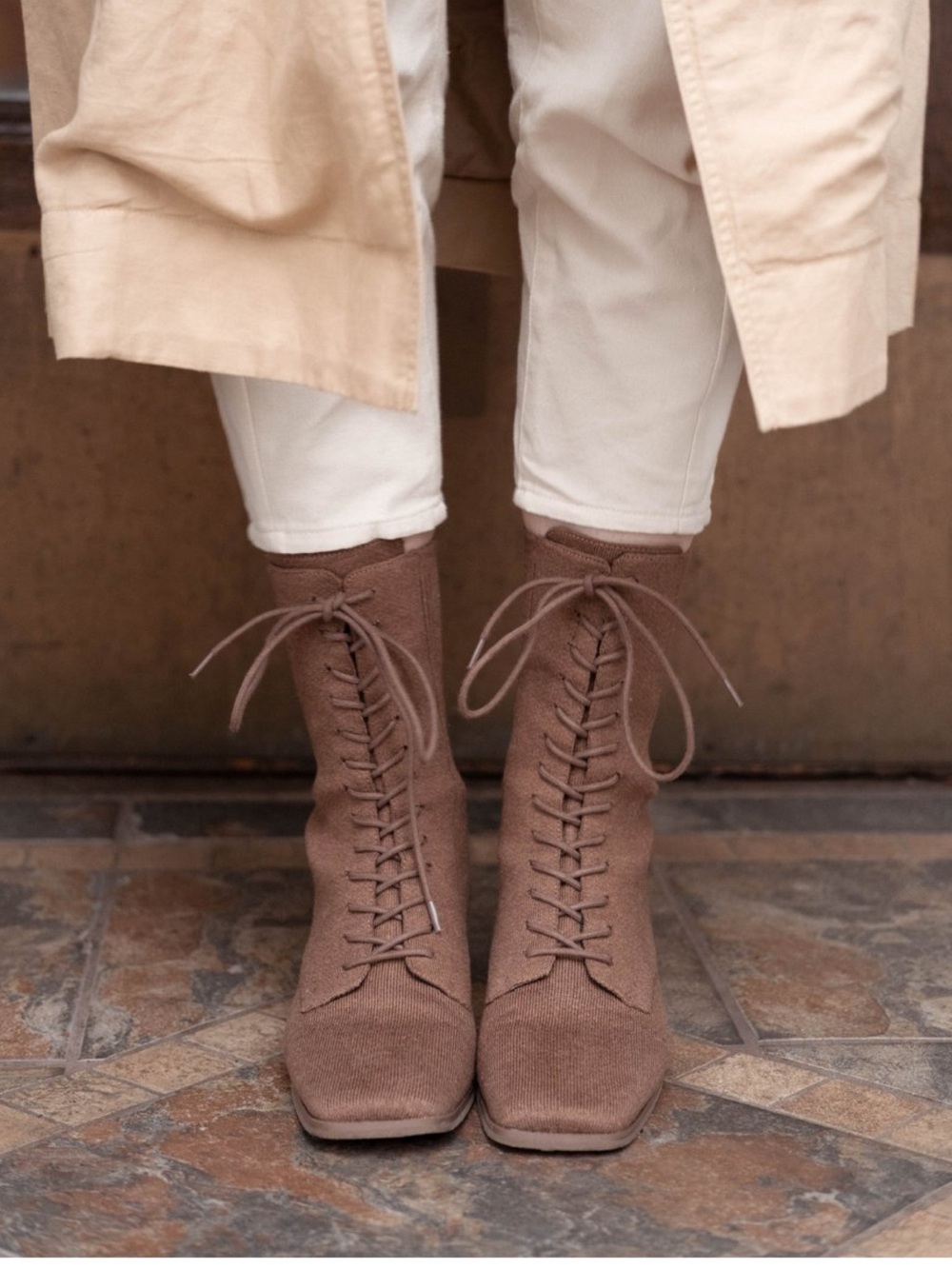 Women's Brown Lace-Up Knit Ankle Boots